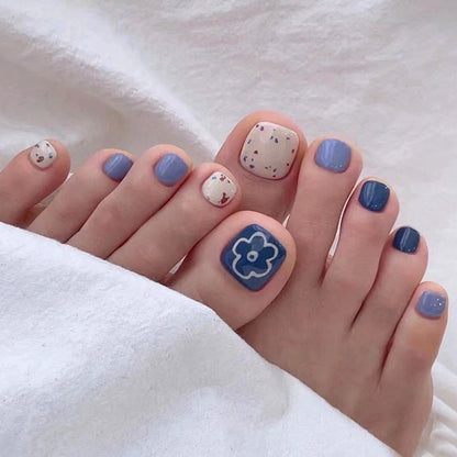 24pcs Ins Flowers Press On Toenails Full Cover French Style Summer Flower Design Beach Acrylic Toe Nail Patch For girls Women