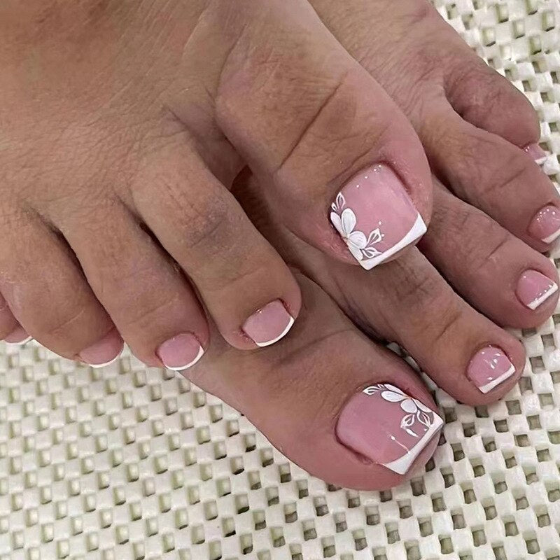 24pcs Ins Flowers Press On Toenails Full Cover French Style Summer Flower Design Beach Acrylic Toe Nail Patch For girls Women
