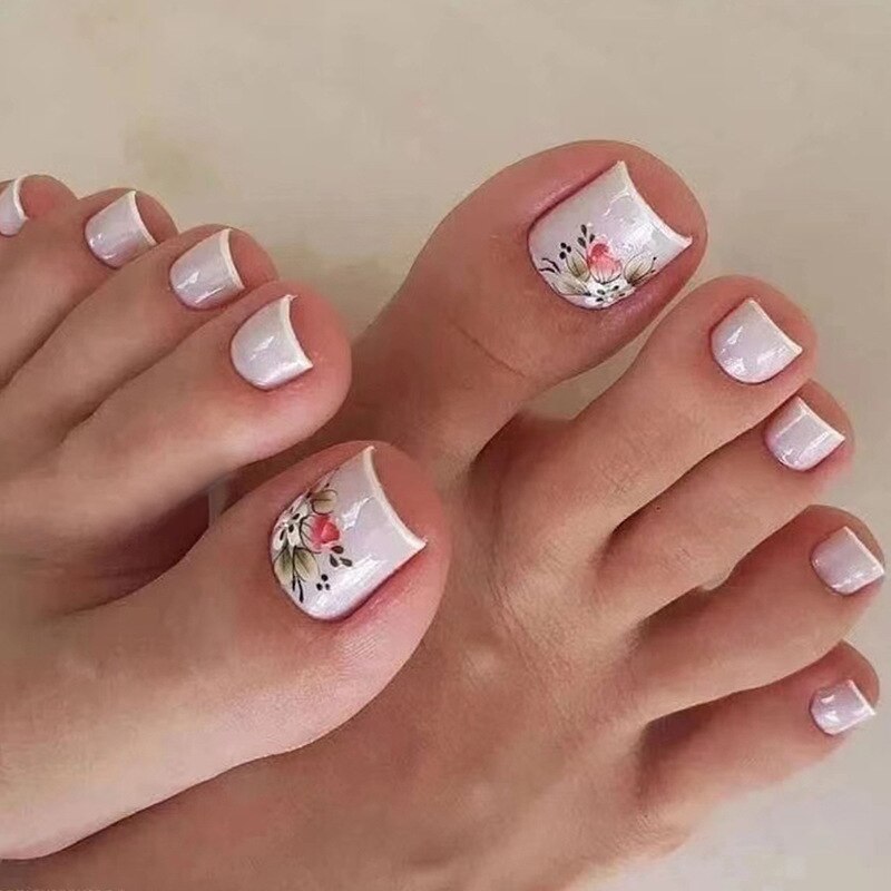 24pcs Ins Flowers Press On Toenails Full Cover French Style Summer Flower Design Beach Acrylic Toe Nail Patch For girls Women