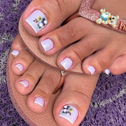 24pcs Ins Flowers Press On Toenails Full Cover French Style Summer Flower Design Beach Acrylic Toe Nail Patch For girls Women