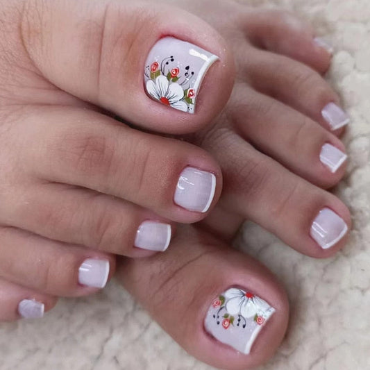 24pcs Ins Flowers Press On Toenails Full Cover French Style Summer Flower Design Beach Acrylic Toe Nail Patch For girls Women