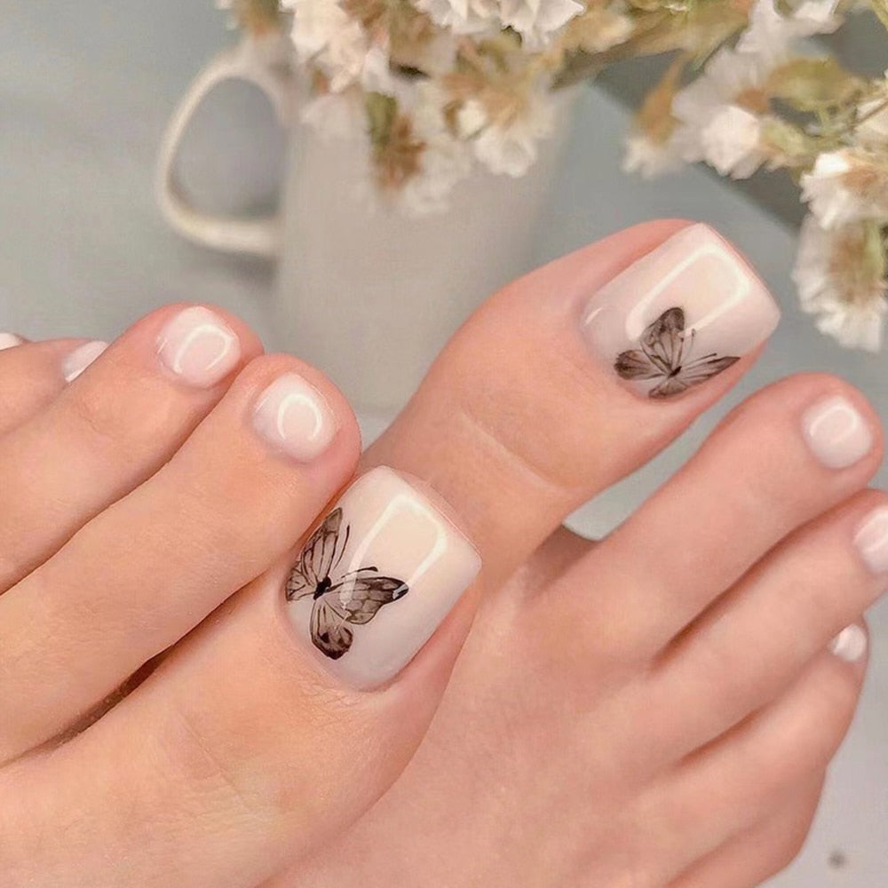24pcs Ins Flowers Press On Toenails Full Cover French Style Summer Flower Design Beach Acrylic Toe Nail Patch For girls Women