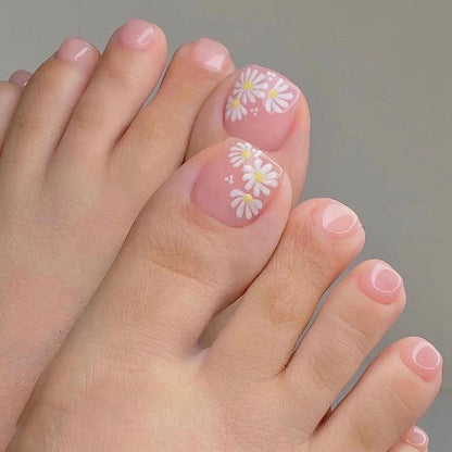 24pcs Ins Flowers Press On Toenails Full Cover French Style Summer Flower Design Beach Acrylic Toe Nail Patch For girls Women