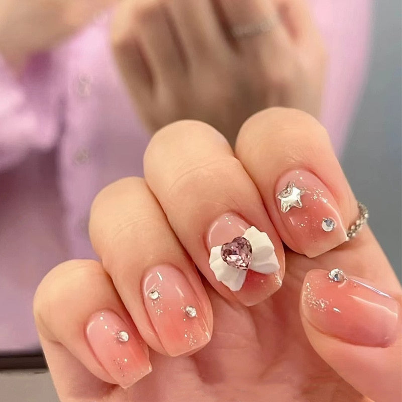 24pcs Kawaii Press on Nails y2k False Nails Set Rhinestone Acrylic Artificial Nails with Design Reusable french Long Fake Tips