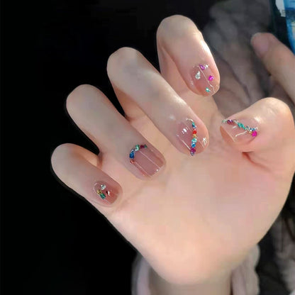 24pcs Kawaii Press on Nails y2k False Nails Set Rhinestone Acrylic Artificial Nails with Design Reusable french Long Fake Tips
