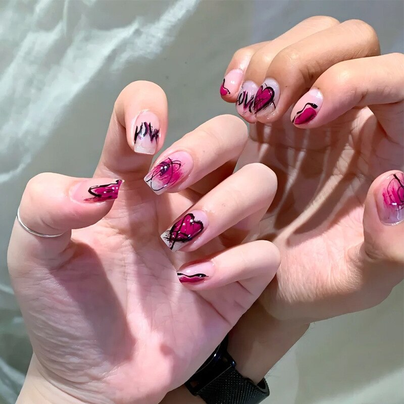 24pcs Kawaii Press on Nails y2k False Nails Set Rhinestone Acrylic Artificial Nails with Design Reusable french Long Fake Tips