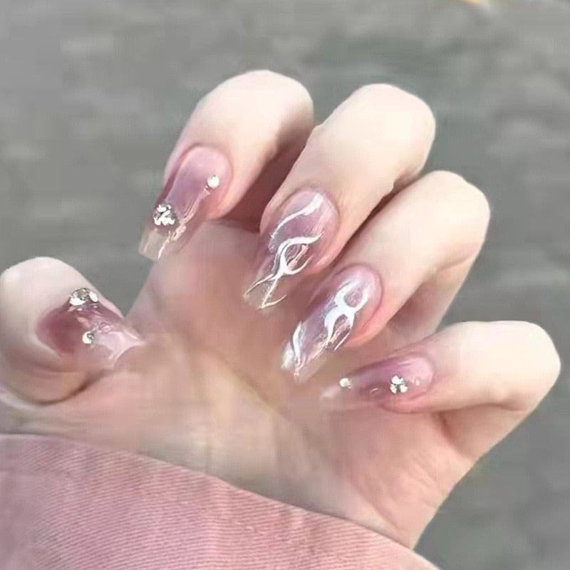 24pcs Kawaii Press on Nails y2k False Nails Set Rhinestone Acrylic Artificial Nails with Design Reusable french Long Fake Tips