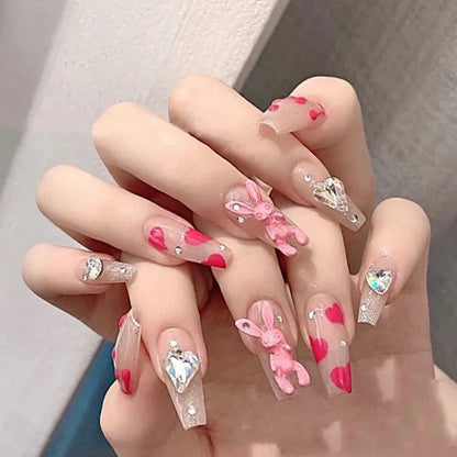 24pcs Kawaii Press on Nails y2k False Nails Set Rhinestone Acrylic Artificial Nails with Design Reusable french Long Fake Tips