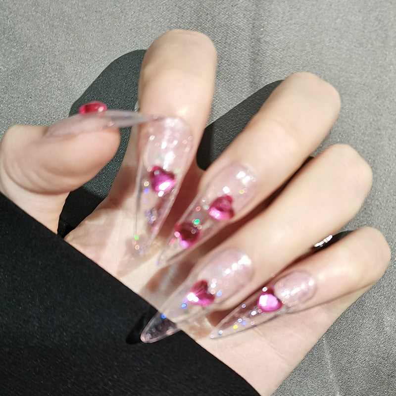 24pcs Kawaii Press on Nails y2k False Nails Set Rhinestone Acrylic Artificial Nails with Design Reusable french Long Fake Tips