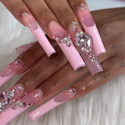24pcs Kawaii Press on Nails y2k False Nails Set Rhinestone Acrylic Artificial Nails with Design Reusable french Long Fake Tips