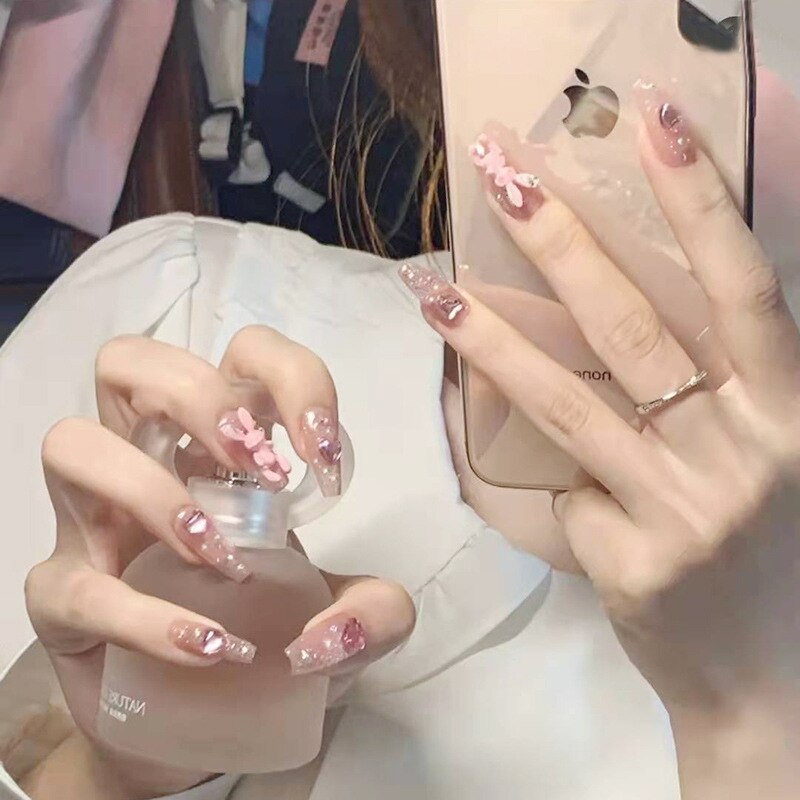 24pcs Kawaii Press on Nails y2k False Nails Set Rhinestone Acrylic Artificial Nails with Design Reusable french Long Fake Tips