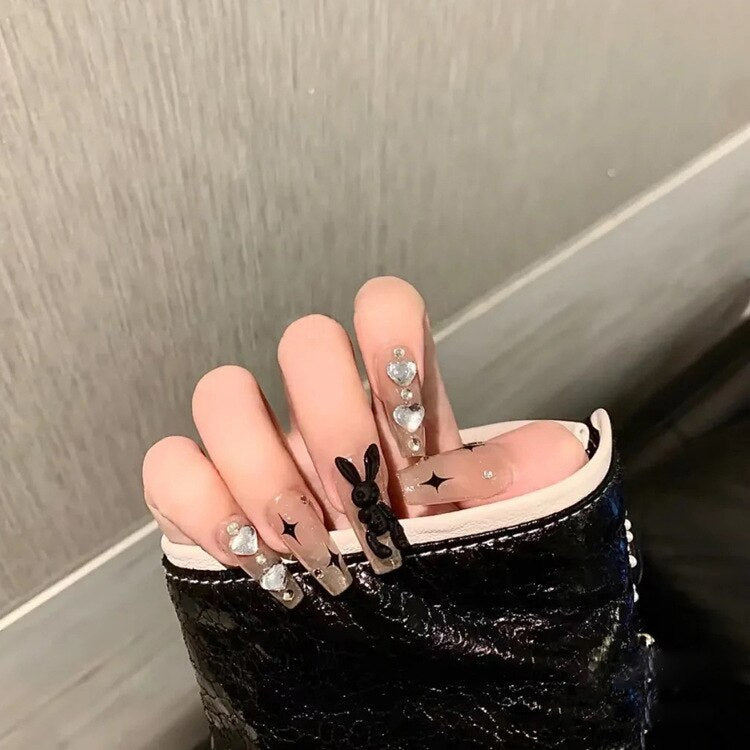 24pcs Kawaii Press on Nails y2k False Nails Set Rhinestone Acrylic Artificial Nails with Design Reusable french Long Fake Tips