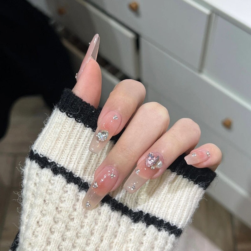 24pcs Kawaii Press on Nails y2k False Nails Set Rhinestone Acrylic Artificial Nails with Design Reusable french Long Fake Tips