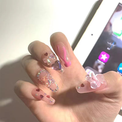 24pcs Kawaii Press on Nails y2k False Nails Set Rhinestone Acrylic Artificial Nails with Design Reusable french Long Fake Tips