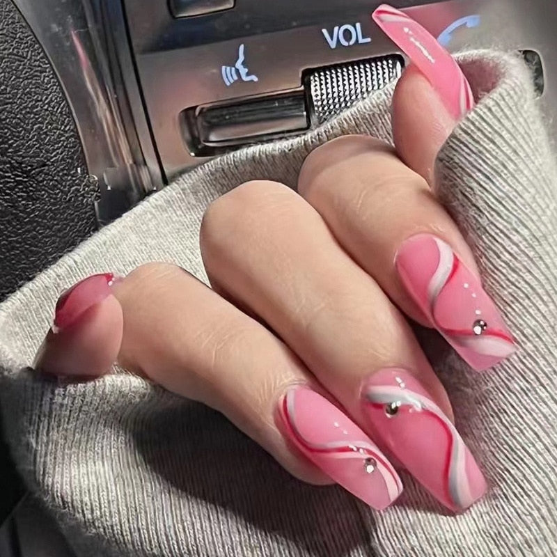 24pcs Kawaii Press on Nails y2k False Nails Set Rhinestone Acrylic Artificial Nails with Design Reusable french Long Fake Tips