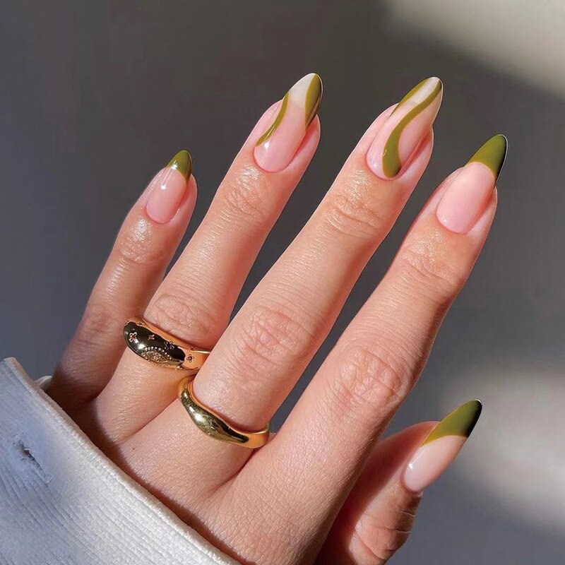 24pcs Light Green Stripe Gradient Wearing Fake Nails Seamless Removable Full Cover Long False Nails Press On Nails With Designs