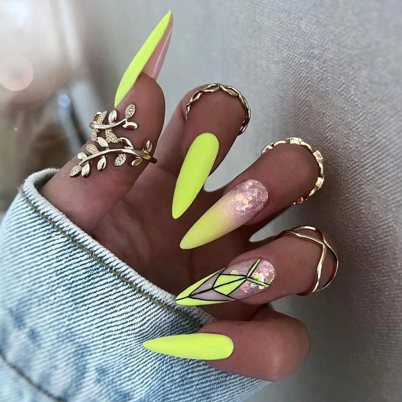 24pcs Light Green Stripe Gradient Wearing Fake Nails Seamless Removable Full Cover Long False Nails Press On Nails With Designs