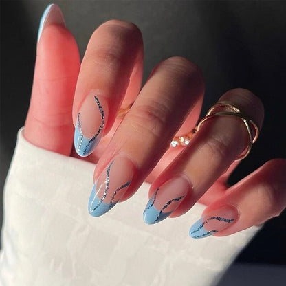 24pcs Light Green Stripe Gradient Wearing Fake Nails Seamless Removable Full Cover Long False Nails Press On Nails With Designs