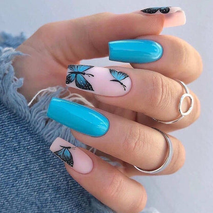 24pcs Light Green Stripe Gradient Wearing Fake Nails Seamless Removable Full Cover Long False Nails Press On Nails With Designs