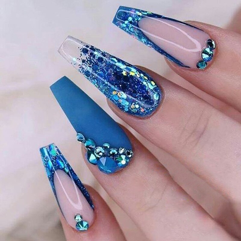 24pcs Long Ballerina False Nail Summer Rainbow Flower Glitter False Nails Wearable Nails Set Press On Nail Full Cover Nail Tips