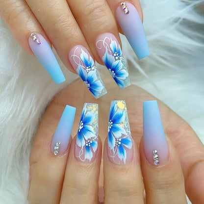 24pcs Long Ballerina False Nail Summer Rainbow Flower Glitter False Nails Wearable Nails Set Press On Nail Full Cover Nail Tips