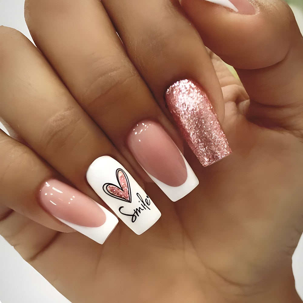24pcs Long Ballerina French False Nails Love Heart Green Halo Dyed Gold Thread Fake Nail Press on Nails Full Cover Nail Tips
