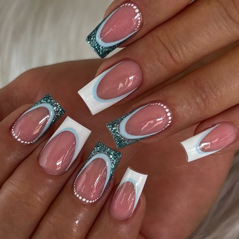 24pcs Long Ballerina French False Nails Love Heart Green Halo Dyed Gold Thread Fake Nail Press on Nails Full Cover Nail Tips