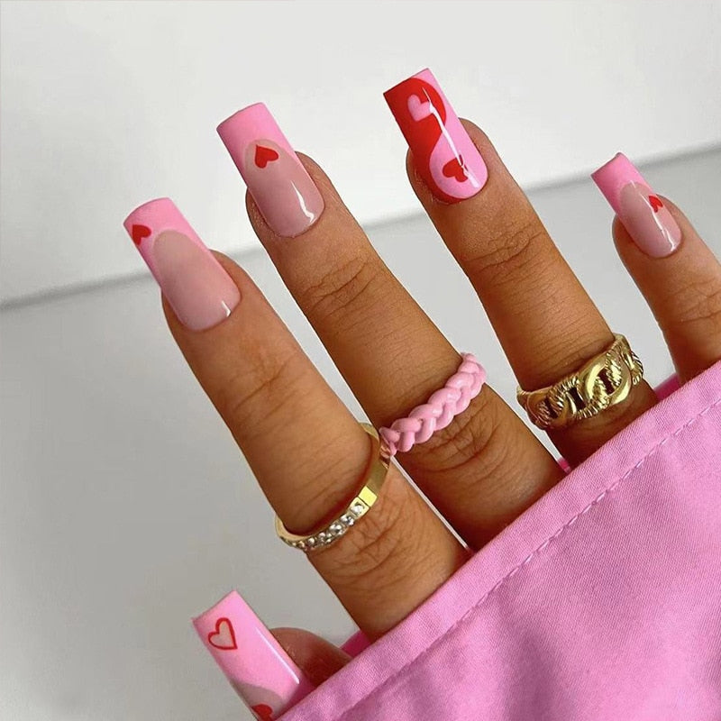 24pcs Long Ballerina French False Nails Love Heart Green Halo Dyed Gold Thread Fake Nail Press on Nails Full Cover Nail Tips