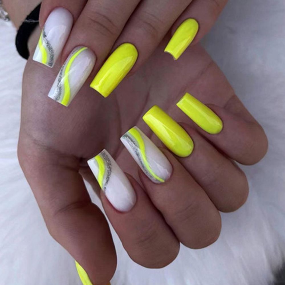 24pcs Long Ballerina French False Nails Love Heart Green Halo Dyed Gold Thread Fake Nail Press on Nails Full Cover Nail Tips