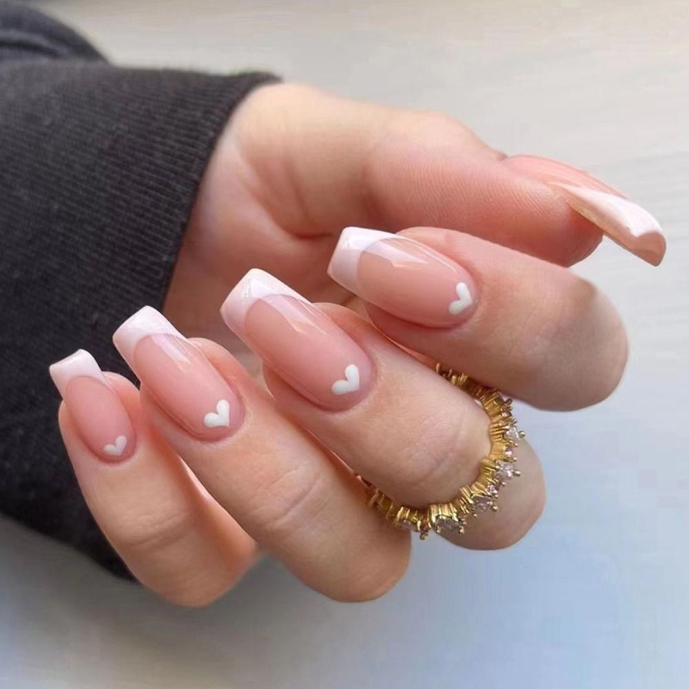 24pcs Long Ballerina French False Nails Love Heart Green Halo Dyed Gold Thread Fake Nail Press on Nails Full Cover Nail Tips