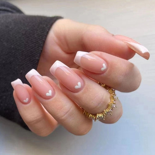 24pcs Long Ballerina French False Nails Love Heart Green Halo Dyed Gold Thread Fake Nail Press on Nails Full Cover Nail Tips