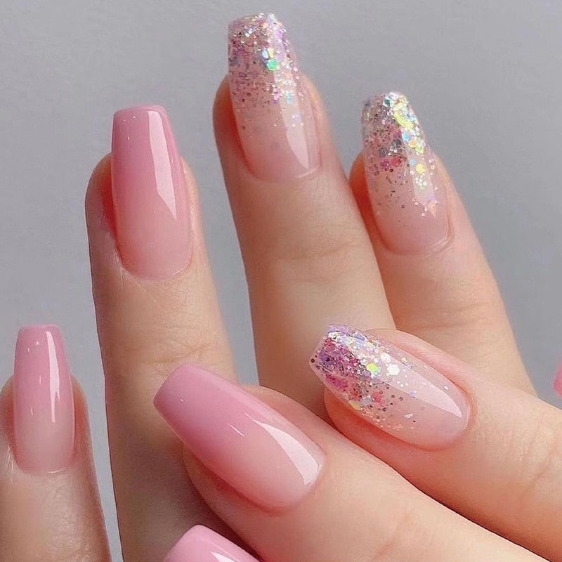 24pcs Long Ballerina French False Nails Love Heart Green Halo Dyed Gold Thread Fake Nail Press on Nails Full Cover Nail Tips