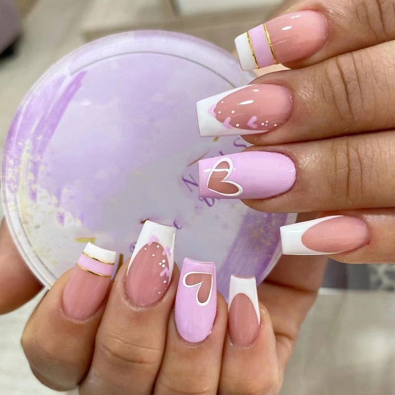 24pcs Long Ballerina French False Nails Love Heart Green Halo Dyed Gold Thread Fake Nail Press on Nails Full Cover Nail Tips