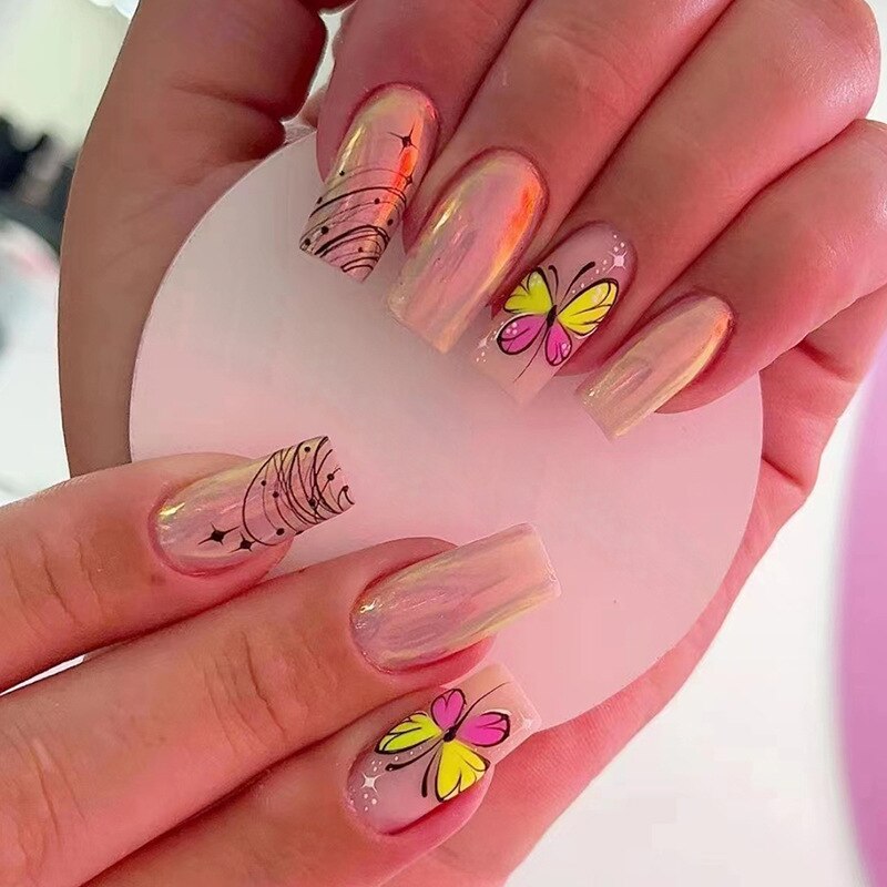 24pcs Long Ballerina French False Nails Love Heart Green Halo Dyed Gold Thread Fake Nail Press on Nails Full Cover Nail Tips
