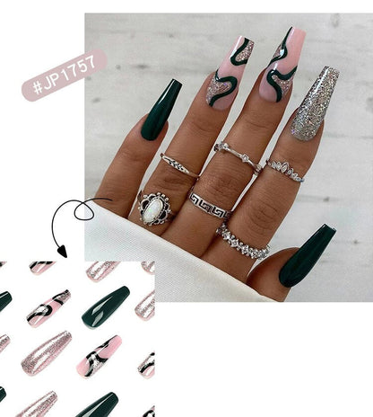 24pcs Long Ballet False Nail Full Cover Fake Nail Grey White Marble Design Nails Tip French Coffin Nails Press On Nails