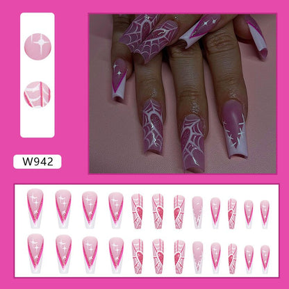 24pcs Long Ballet False Nail Full Cover Fake Nail Grey White Marble Design Nails Tip French Coffin Nails Press On Nails