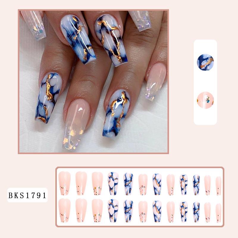 24pcs Long Ballet False Nail Full Cover Fake Nail Grey White Marble Design Nails Tip French Coffin Nails Press On Nails