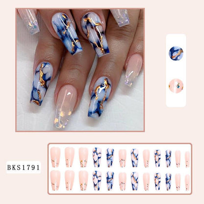 24pcs Long Ballet False Nail Full Cover Fake Nail Grey White Marble Design Nails Tip French Coffin Nails Press On Nails