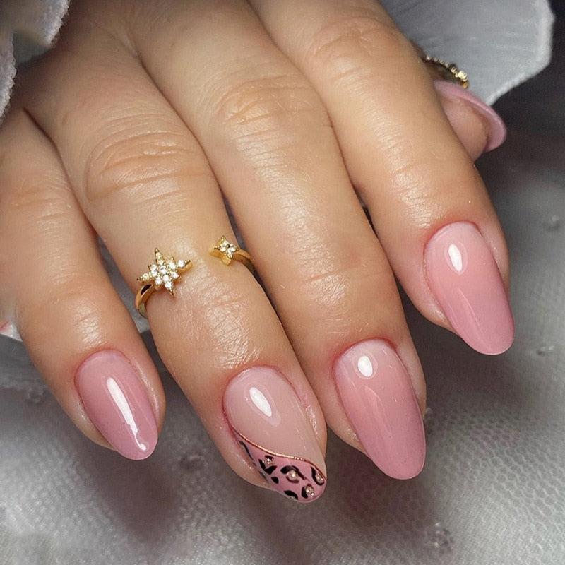 24pcs Long Stiletto False Nails wave Peals decorated Wearable French Fake Nails Press On Nails Leopard print Almond Manicure Tip