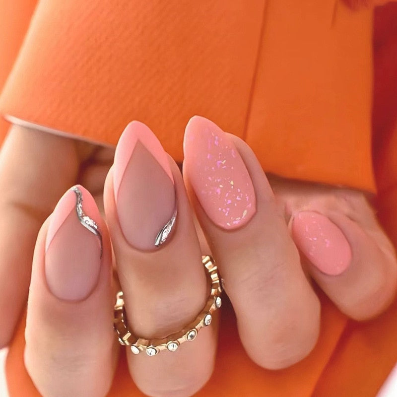 24pcs Long Stiletto False Nails wave Peals decorated Wearable French Fake Nails Press On Nails Leopard print Almond Manicure Tip