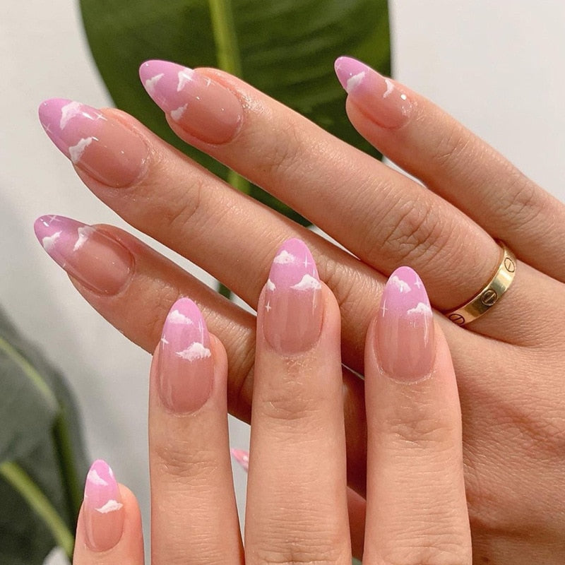 24pcs Long Stiletto False Nails wave Peals decorated Wearable French Fake Nails Press On Nails Leopard print Almond Manicure Tip