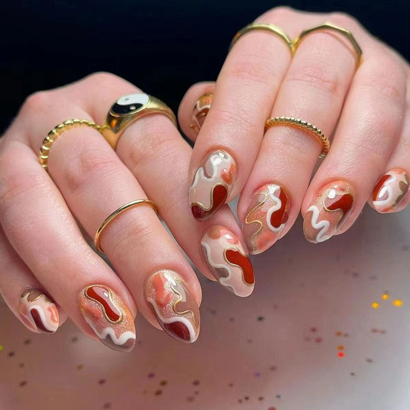 24pcs Long Stiletto False Nails wave Peals decorated Wearable French Fake Nails Press On Nails Leopard print Almond Manicure Tip