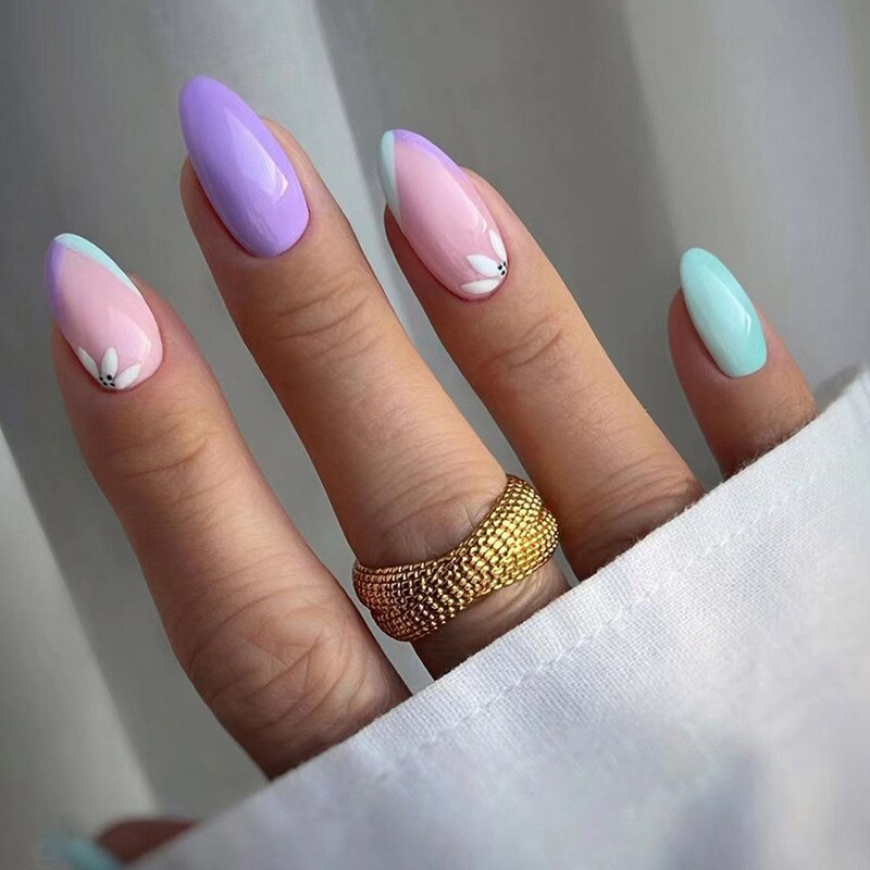 24pcs Long Stiletto False Nails wave Peals decorated Wearable French Fake Nails Press On Nails Leopard print Almond Manicure Tip