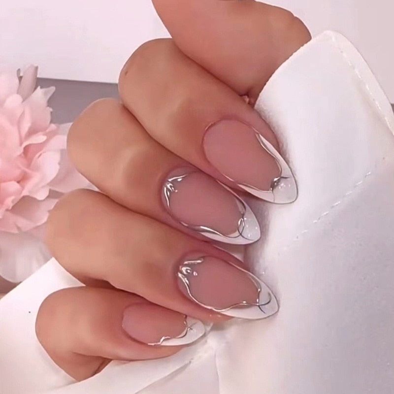 24pcs Long Stiletto False Nails wave Peals decorated Wearable French Fake Nails Press On Nails Leopard print Almond Manicure Tip