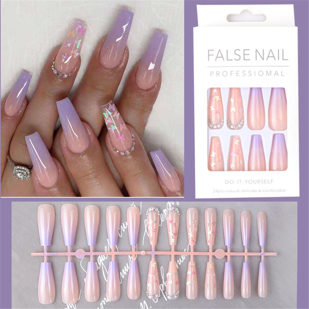 24pcs Matte Fake Nails Extra Long Ballerina Coffin Dark Blue Colorful Rhinestone Decals False Nails with designs Nail Art