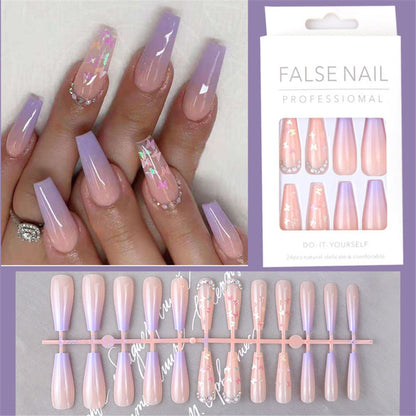 24pcs Matte Fake Nails Extra Long Ballerina Coffin Dark Blue Colorful Rhinestone Decals False Nails with designs Nail Art