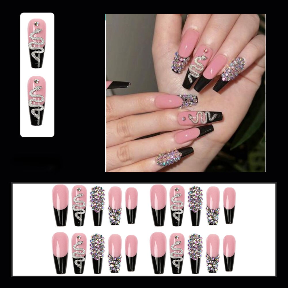 24pcs Matte Fake Nails Extra Long Ballerina Coffin Dark Blue Colorful Rhinestone Decals False Nails with designs Nail Art