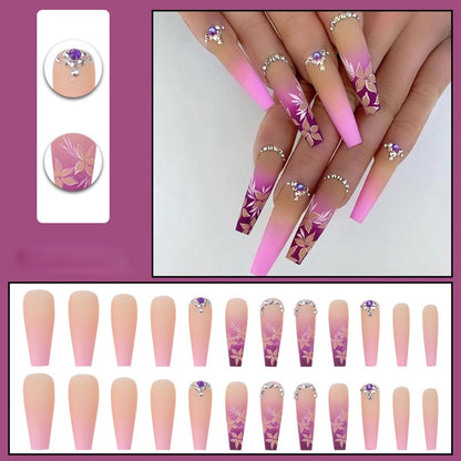 24pcs Matte Fake Nails Extra Long Ballerina Coffin Dark Blue Colorful Rhinestone Decals False Nails with designs Nail Art