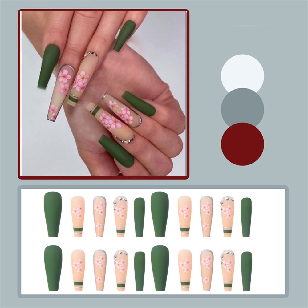24pcs Matte Fake Nails Extra Long Ballerina Coffin Dark Blue Colorful Rhinestone Decals False Nails with designs Nail Art