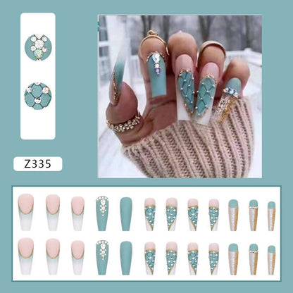 24pcs Matte Fake Nails Extra Long Ballerina Coffin Dark Blue Colorful Rhinestone Decals False Nails with designs Nail Art